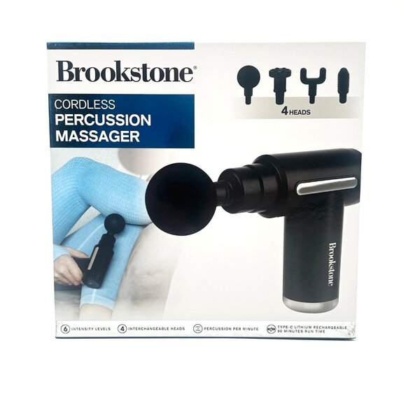 Brookstone Cordless Percussion Massager With 4 Interchangeable Heads & Rechargea - Picture 1 of 9